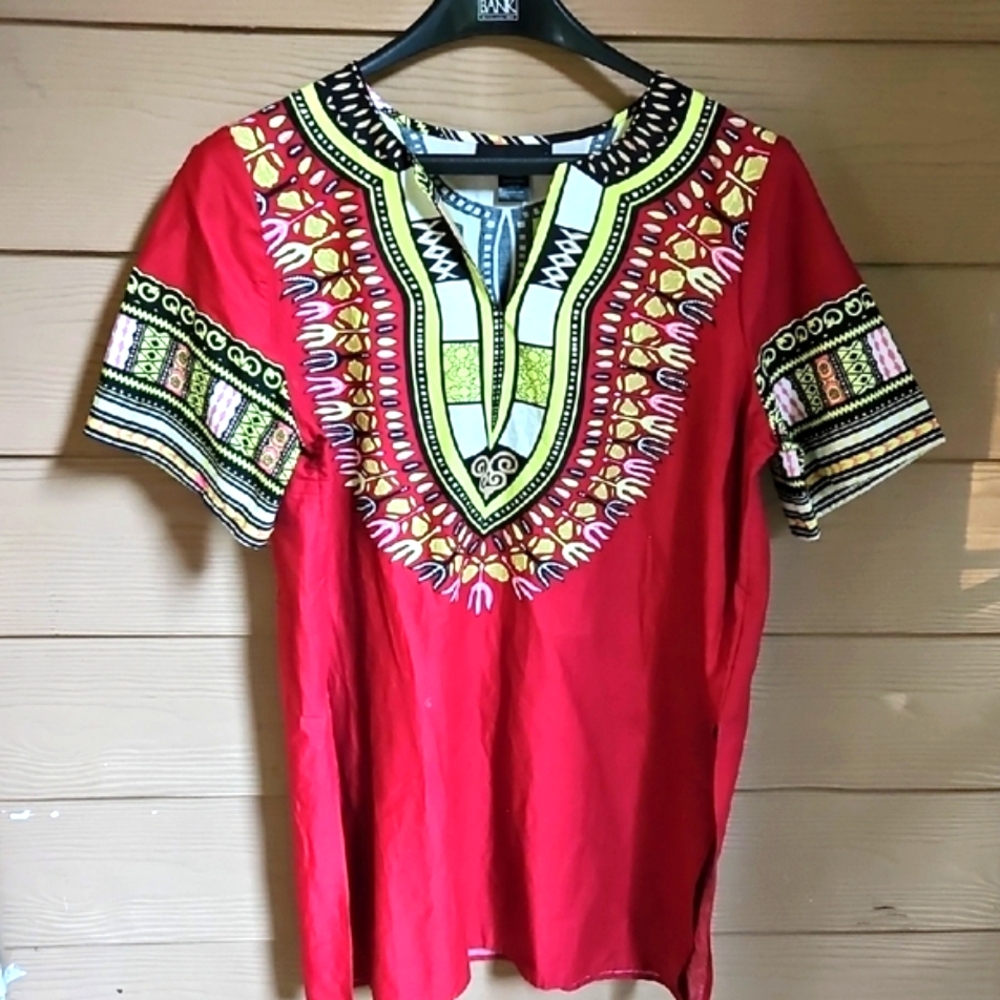 Ashley Stewart Plus Size 14/16 Cotton  Print Multicolor Dashiki Short Sleeve Top